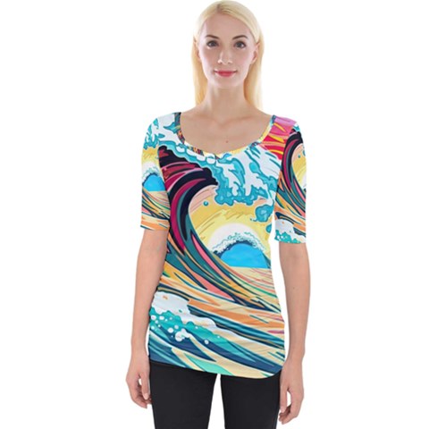 Waves Ocean Sea Tsunami Nautical Arts Wide Neckline Tee by uniart180623