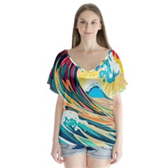 Waves Ocean Sea Tsunami Nautical Arts V-neck Flutter Sleeve Top by uniart180623