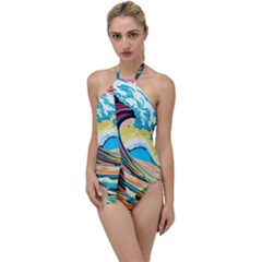 Waves Ocean Sea Tsunami Nautical Arts Go With The Flow One Piece Swimsuit by uniart180623