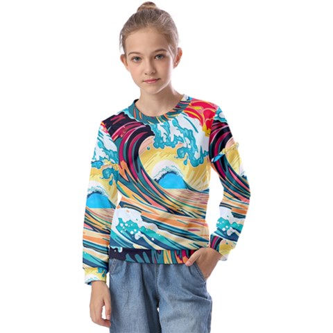 Waves Ocean Sea Tsunami Nautical Arts Kids  Long Sleeve Tee With Frill  by uniart180623