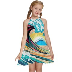 Waves Ocean Sea Tsunami Nautical Arts Kids  Halter Collar Waist Tie Chiffon Dress by uniart180623