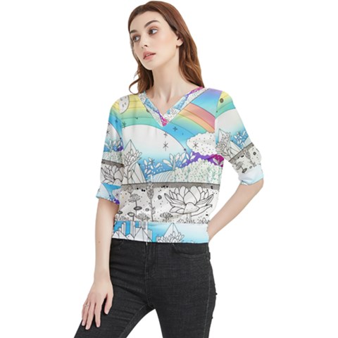 Rainbow Fun Cute Minimal Doodle Drawing Arts Quarter Sleeve Blouse by uniart180623