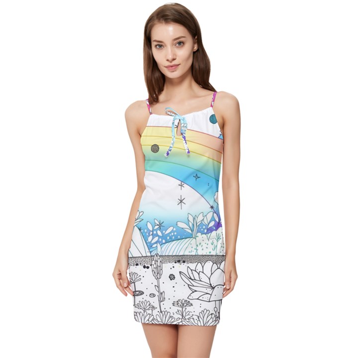 Rainbow Fun Cute Minimal Doodle Drawing Arts Summer Tie Front Dress