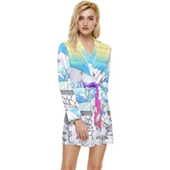 Rainbow Fun Cute Minimal Doodle Drawing Arts Long Sleeve Satin Robe by uniart180623