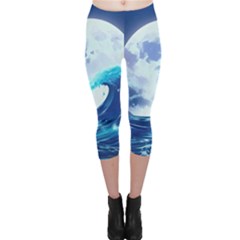 Waves Ocean Sea Tsunami Nautical Blue Capri Leggings  by uniart180623