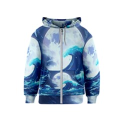 Waves Ocean Sea Tsunami Nautical Blue Kids  Zipper Hoodie