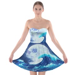 Waves Ocean Sea Tsunami Nautical Blue Strapless Bra Top Dress by uniart180623