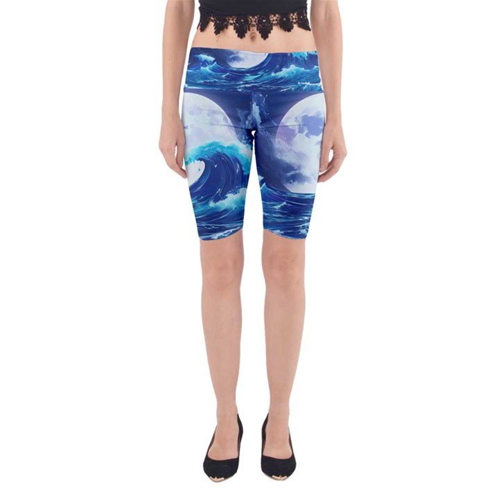 Waves Ocean Sea Tsunami Nautical Blue Yoga Cropped Leggings