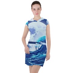 Waves Ocean Sea Tsunami Nautical Blue Drawstring Hooded Dress by uniart180623