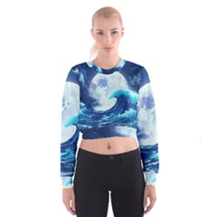 Waves Ocean Sea Tsunami Nautical Blue Cropped Sweatshirt by uniart180623