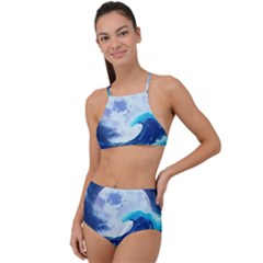 Waves Ocean Sea Tsunami Nautical Blue Halter Tankini Set by uniart180623