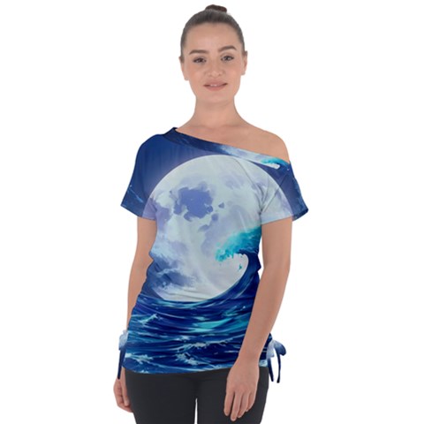 Waves Ocean Sea Tsunami Nautical Blue Off Shoulder Tie-up Tee by uniart180623