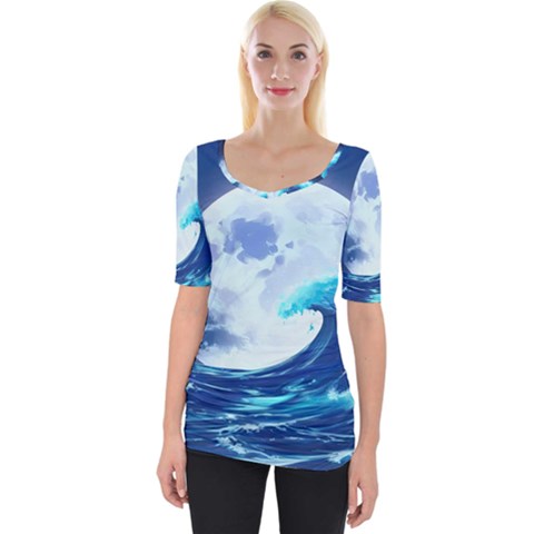 Waves Ocean Sea Tsunami Nautical Blue Wide Neckline Tee by uniart180623