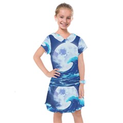 Waves Ocean Sea Tsunami Nautical Blue Kids  Drop Waist Dress by uniart180623