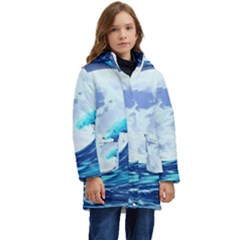 Waves Ocean Sea Tsunami Nautical Blue Kids  Hooded Longline Puffer Jacket by uniart180623