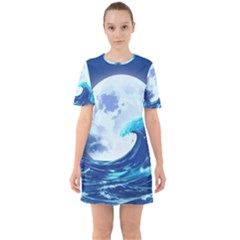 Waves Ocean Sea Tsunami Nautical Blue Sixties Short Sleeve Mini Dress by uniart180623