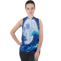 Waves Ocean Sea Tsunami Nautical Blue Mock Neck Chiffon Sleeveless Top by uniart180623