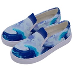 Waves Ocean Sea Tsunami Nautical Blue Kids  Canvas Slip Ons by uniart180623