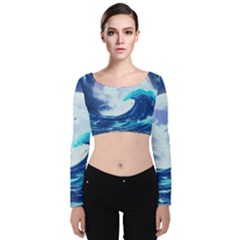 Waves Ocean Sea Tsunami Nautical Blue Velvet Long Sleeve Crop Top by uniart180623