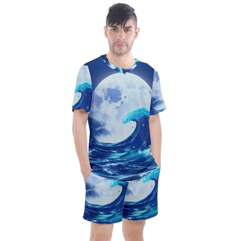 Waves Ocean Sea Tsunami Nautical Blue Men s Mesh Tee And Shorts Set by uniart180623