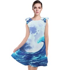 Waves Ocean Sea Tsunami Nautical Blue Tie Up Tunic Dress by uniart180623