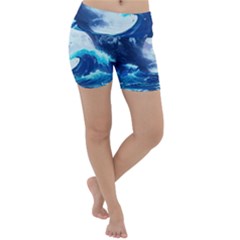 Waves Ocean Sea Tsunami Nautical Blue Lightweight Velour Yoga Shorts by uniart180623