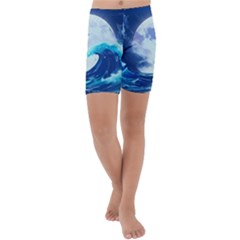 Waves Ocean Sea Tsunami Nautical Blue Kids  Lightweight Velour Capri Yoga Leggings by uniart180623