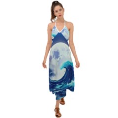 Waves Ocean Sea Tsunami Nautical Blue Halter Tie Back Dress  by uniart180623