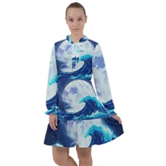 Waves Ocean Sea Tsunami Nautical Blue All Frills Chiffon Dress by uniart180623