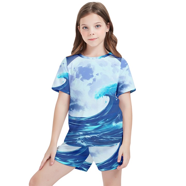 Waves Ocean Sea Tsunami Nautical Blue Kids  Tee And Sports Shorts Set