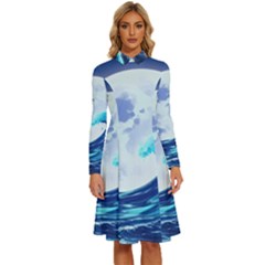 Waves Ocean Sea Tsunami Nautical Blue Long Sleeve Shirt Collar A-line Dress by uniart180623