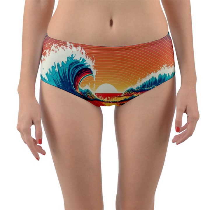 Waves Ocean Sea Tsunami Nautical Art Nature Reversible Mid-Waist Bikini Bottoms