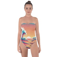 Waves Ocean Sea Tsunami Nautical Art Nature Tie Back One Piece Swimsuit by uniart180623