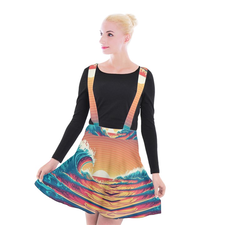 Waves Ocean Sea Tsunami Nautical Art Nature Suspender Skater Skirt