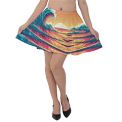 Waves Ocean Sea Tsunami Nautical Art Nature Velvet Skater Skirt by uniart180623