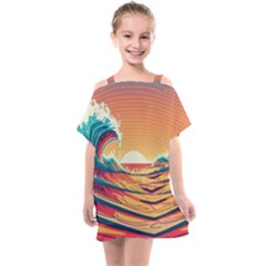 Waves Ocean Sea Tsunami Nautical Art Nature Kids  One Piece Chiffon Dress by uniart180623