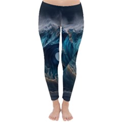 Tsunami Waves Ocean Sea Water Rough Seas Classic Winter Leggings by uniart180623