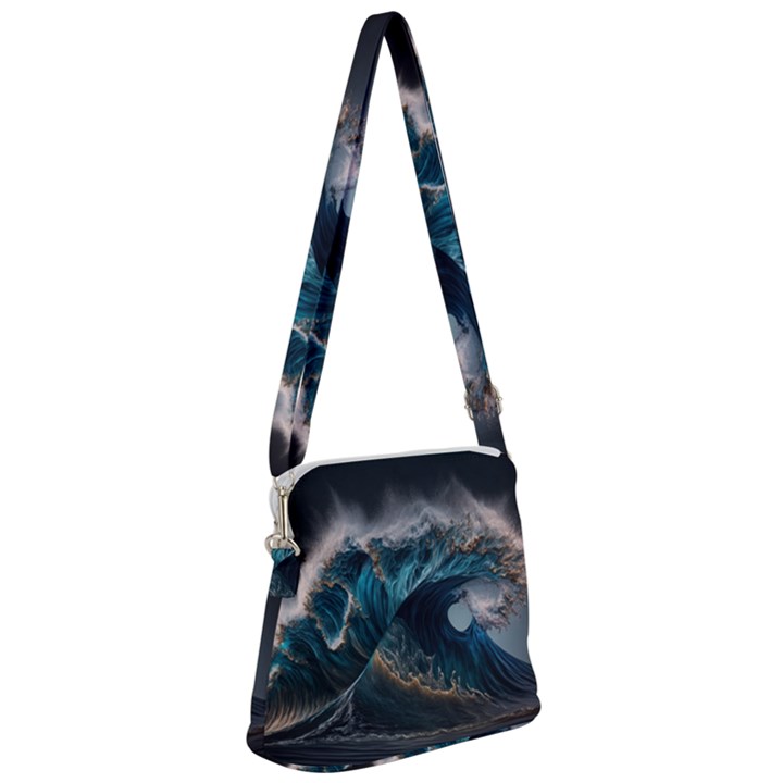 Tsunami Waves Ocean Sea Water Rough Seas Zipper Messenger Bag