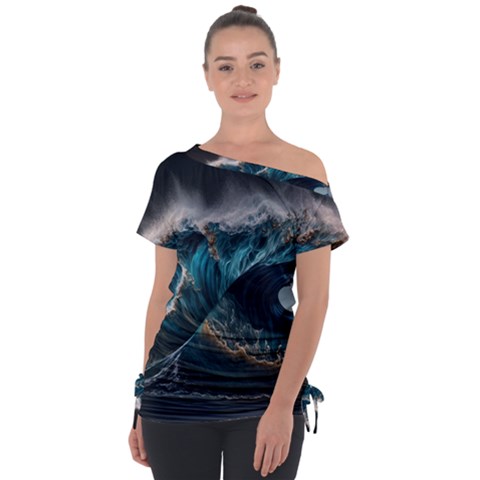 Tsunami Waves Ocean Sea Water Rough Seas Off Shoulder Tie-up Tee by uniart180623