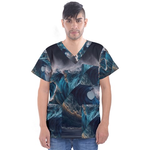 Tsunami Waves Ocean Sea Water Rough Seas Men s V-neck Scrub Top by uniart180623