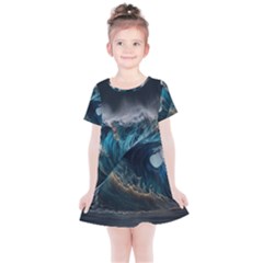 Tsunami Waves Ocean Sea Water Rough Seas Kids  Simple Cotton Dress by uniart180623