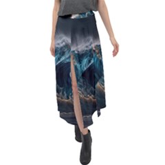 Tsunami Waves Ocean Sea Water Rough Seas Velour Split Maxi Skirt by uniart180623