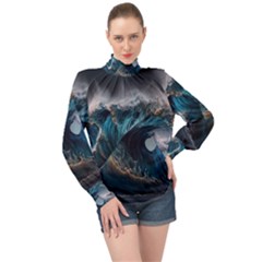 Tsunami Waves Ocean Sea Water Rough Seas High Neck Long Sleeve Chiffon Top by uniart180623