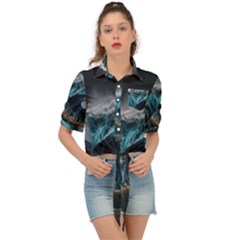 Tsunami Waves Ocean Sea Water Rough Seas Tie Front Shirt  by uniart180623