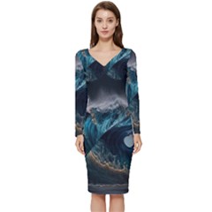 Tsunami Waves Ocean Sea Water Rough Seas Long Sleeve V-neck Bodycon Dress  by uniart180623