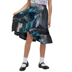 Tsunami Waves Ocean Sea Water Rough Seas Kids  Ruffle Flared Wrap Midi Skirt by uniart180623