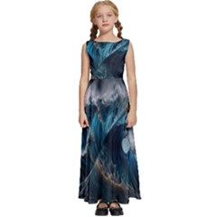 Tsunami Waves Ocean Sea Water Rough Seas Kids  Satin Sleeveless Maxi Dress by uniart180623