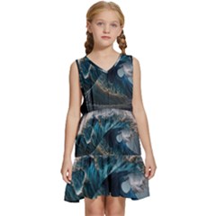 Tsunami Waves Ocean Sea Water Rough Seas Kids  Sleeveless Tiered Mini Dress by uniart180623