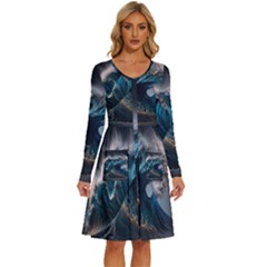 Tsunami Waves Ocean Sea Water Rough Seas Long Sleeve Dress With Pocket by uniart180623