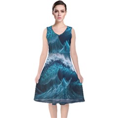 Tsunami Waves Ocean Sea Water Rough Seas V-neck Midi Sleeveless Dress  by uniart180623